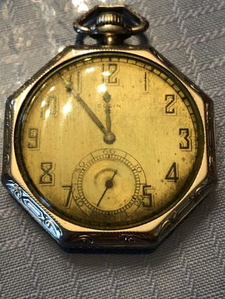 Elgin 12s,  15j,  Open Face 14k Wgf Octagon Case Antique Pocket Watch Runs