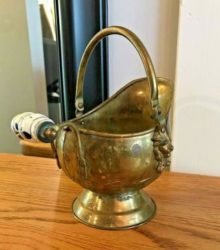 Vintage Copper & Brass Scuttle Ash Bucket Pot Delft Porcelain Handle Lion Head