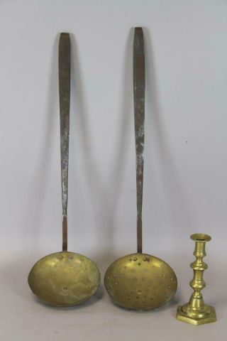 A Rare Matching 18th C Wrought Iron & Brass Cooking Utensils Old Surface
