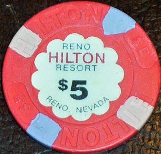 Old $5 Hilton Hotel Casino Poker Chip Vintage Antique House Mold Reno Nv 1992