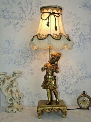 Delightful Antique French Bronze Table Lamp With Young Girl Playing Violin 1224