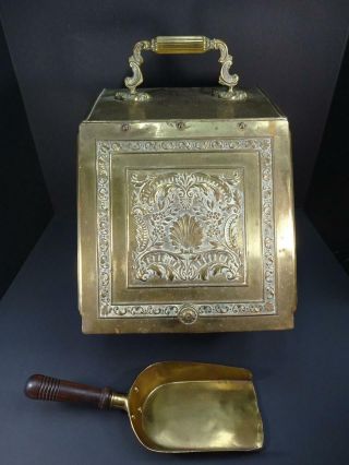 Antique Ornate Brass English H.  F.  & Co Phoenix Mark C1880s Coal Scuttle & Shovel