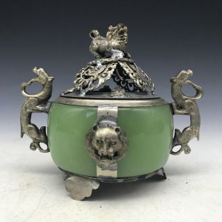 Old China Jade Tibet Silver Incense Burner Handwork Armored Dragon Lion