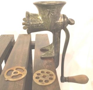 Kwik Kut 75 Antique Cast Iron Meat Grinder With Two Attachments Wooden Handle
