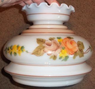 Vintage Hurricane Glass Shade Hand Painted Floral Rose Peach Yellow 6 3/4 " Fit