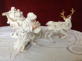 Grandeur Noel Porcelain Santa And Sleigh Collectible Set Vntg 