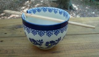 Yokohama Studio Miyabi Hand Painted Noodle Soup Bowl Chopstick Holes Japan Blue