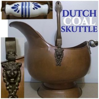 Large 1960s Dutch Copper & Brass Coal Scuttle Ash Bucket,  Delft Ceramic Handles