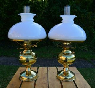Vintage Duplex Brass Oil Lamps.  Milk White Shades & Chimney.