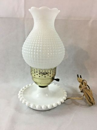 Vintage White Hobnail Milk Glass Hurricane Lamp With Trinket Dish Bottom