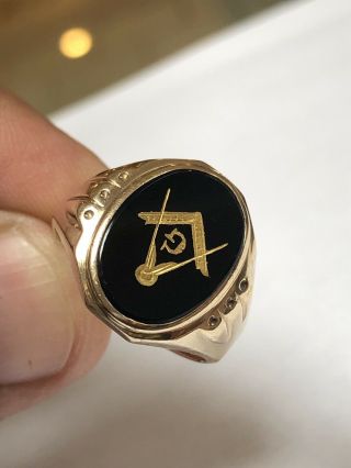 Vintage 10k Yellow Gold Ring Masonic Freemason Black Onyx Size 9