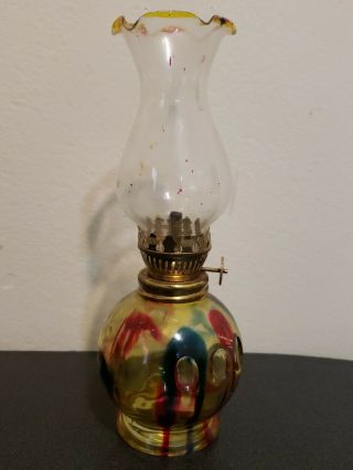 Anique Vintage Multi Colored Painted Kerosene Oil Lamp Glass Miniture Brass Old