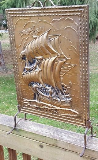 Vintage Brass Nautical Clipper Ship Fireplace Hearth Cover Screen