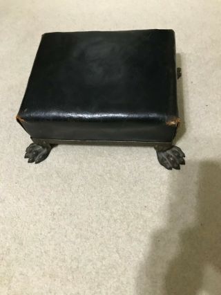 Antique Black Leather Foot Stool & Metal Claw Feet,  10.  5 X 8.  5 X 5