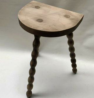 Vintage French 3 Legged Turned Wood Milking Stool Chair & Half Moon Seat