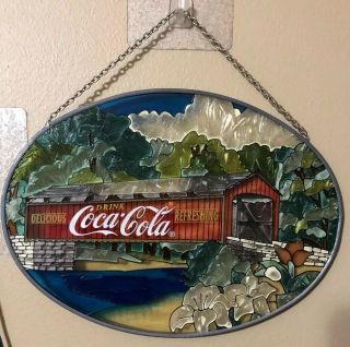 Vintage Coca Cola 9” Stained Glass Retro 1905 Cabin Ad Advertising Sign Rare