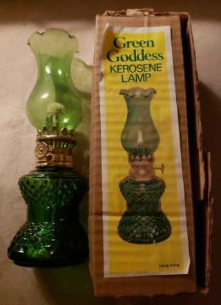 Vintage Miniature Green Hobnail Glass Oil Lamp W/ Green Shade Hong Kong