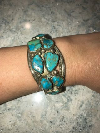 Vintage Navajo Heavy Sterling Silver And Turquoise Cuff Bracelet