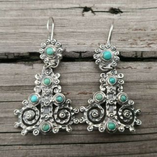 Old Vtg Mexican Sterling Silver & Turquoise Dangle Earrings Matl Style