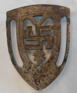 Antique Early Good Luck Swastika Symbol Cast Iron Footed Trivet Sad Iron Holder 2
