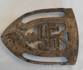 Antique Early Good Luck Swastika Symbol Cast Iron Footed Trivet Sad Iron Holder 3