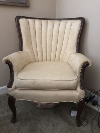 Vintage Channel Back Chairs (2) Upholstered With Carved Wood Detail