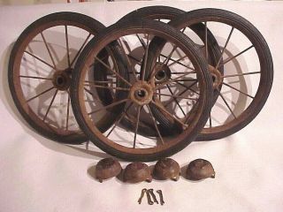 Set (4) Antique 8 " Wire Spoke Metal Rubber Baby Buggy Carriage Stroller Wheels