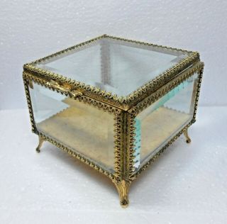 Cut Crystal Beveled Glass And Brass Display Trinket Box Case Casket