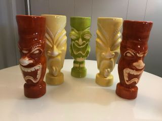 Vtg Set 5 Colorful Ceramic Tiki Mugs Hawaiian Polynesian Mid Century Barware