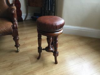 Antique Victorian Adjustable Piano Stool Turned Legs And Leather Seat