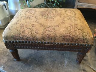 Antique Vintage Small Wood Foot Stool With Antique Floral Fabric Top