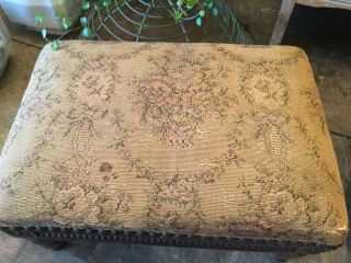 Antique vintage small wood foot stool with antique floral fabric top 2