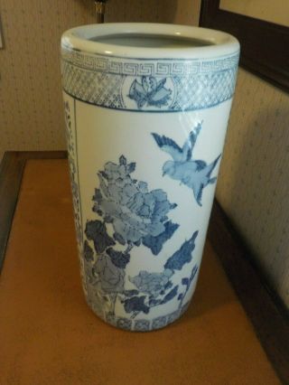 Vintage Ceramic Oriental Style Umbrella Stand In Blue And White