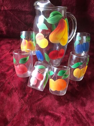 Vintage Set Of 6 Bartlett Collins Juice Glasses & Pitcher Hand Painted Fruits