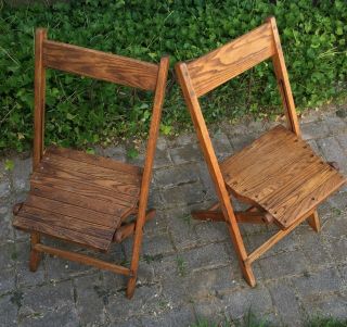 Vintage Snyder Antique Wood Oak Wooden Folding Chairs Set Of 2