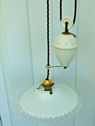 Antique Vintage French Rise & Fall Counterbalance Pendant Light & Coolie Shade