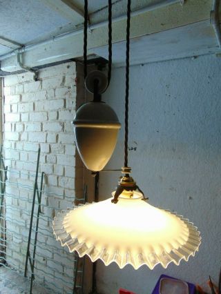 ANTIQUE VINTAGE FRENCH RISE & FALL COUNTERBALANCE PENDANT LIGHT & COOLIE SHADE 2