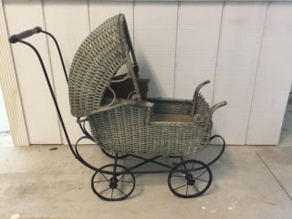Vintage Wicker Baby Carriage Stroller Antique Metal Wheels Buggy Doll