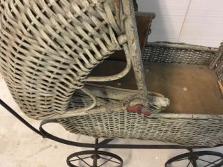 Vintage Wicker Baby Carriage Stroller Antique Metal Wheels Buggy Doll 2