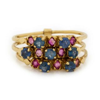 Antique Vintage Deco Retro 18k Gold Ruby & Sapphire 3 Band Stacking Ring Sz 6.  75 2