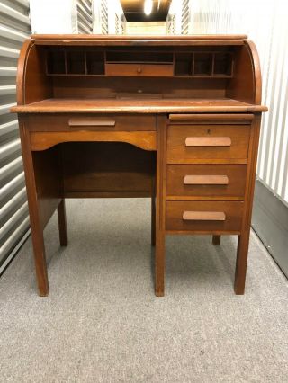 Antique Child Size Oak Roll Top Desk with Chair Great For Kids AWESOME 3