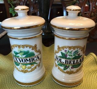 Vintage Vtg Usa Apothecary Jars: Fol.  Bellad.  & Nux Vomica Hand Painted