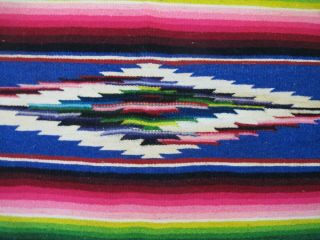 Vintage Wool & White Silk Macramed Fringes MEXICAN SALTILLO RAINBOW SERAPE Good 3