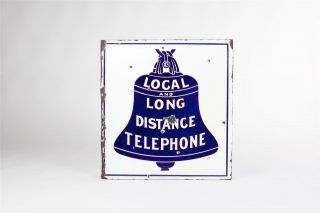 Vintage C1910 " Bell  Local And Long Distance " Double Sided Enamel Sign