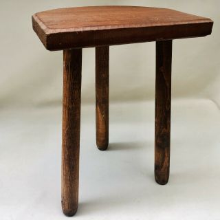 Vintage French Small Rustic 3 Leg Wooden Milking Stool With Half Moon Seat
