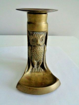 Art Nouveau Antique Brass Candle Holder Owl Motif Handle / Tray 2pc.  Estate