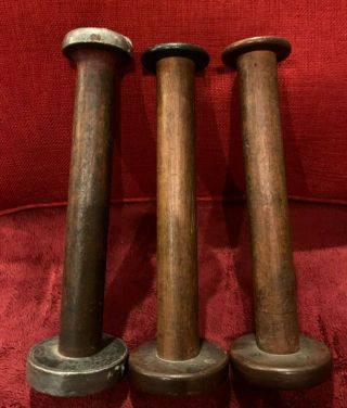 3 Vintage Wooden Spools Industrial Textile Wooden 1 W/ Metal Rim/ 2 Wood
