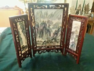 Chinese Artist Hand Painted Natural Stone In Red Wood Framed Stand.