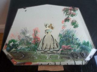 Small 1930s Art Deco Painted Crinoline Lady Bevelled Edged Wall / Table Mirror