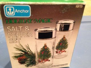 2 Vintage Anchor Hocking Glass Christmas " Holiday Magic " Salt & Pepper Shaker